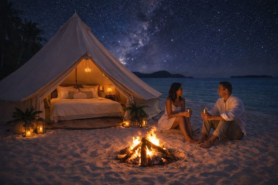 A glamping tent and campfire on a private beach at night